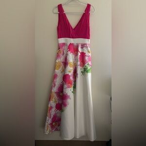 EDAS Luxury Collection Hot Pink Silk Floral Gown pleated crossed v-top & pockets